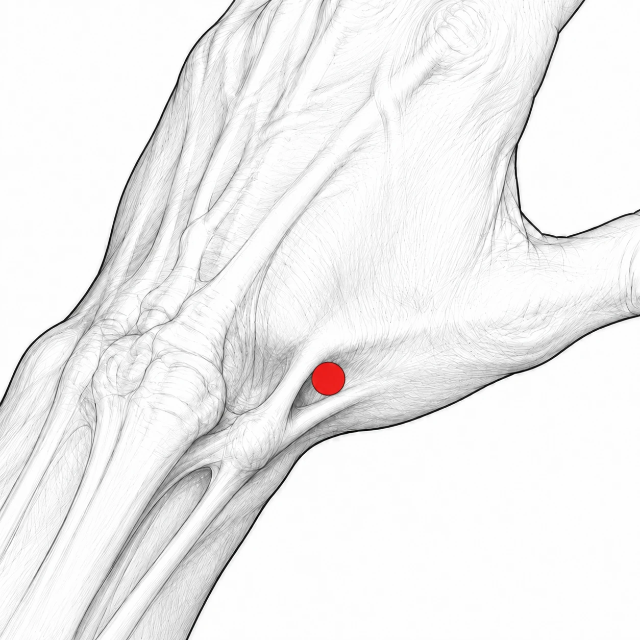 タバコ窩（手首の親指側）の測定位置：親指を拡げてできる窪み（赤点）